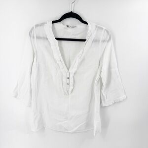 ✅ ANNE FONTAINE White Ruffled LINEN V-Neck Women's Top SIZE 42 (US 10)